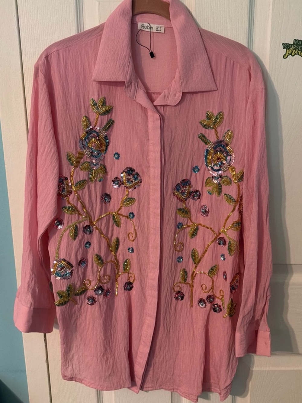 Pink Embellished Floral Button-Up Shirt